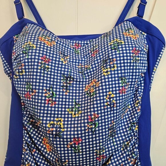 LANDS' End Size 16 Gingham Blue Check with Floral Print Tankini Top - Picture 2 of 9